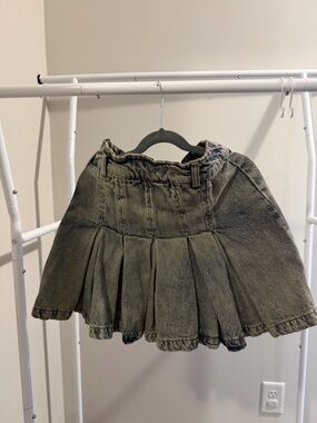 Pleated Washed Denim Mini Skirt - Olive Green